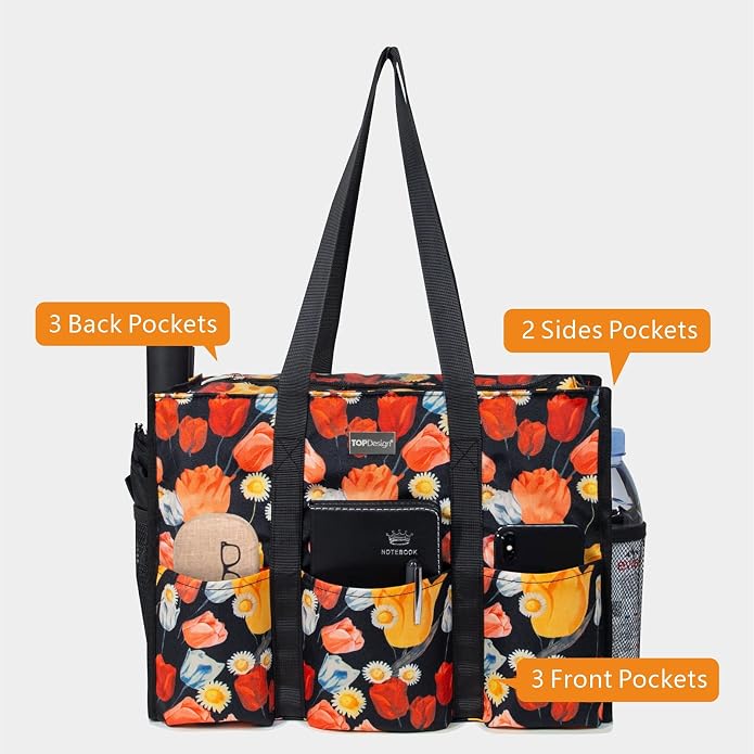 TOPDesign Utility Water Resistant Tote Bag with 13 Pockets, Top Zipper Closure & Thick Bottom Support, for Working Women