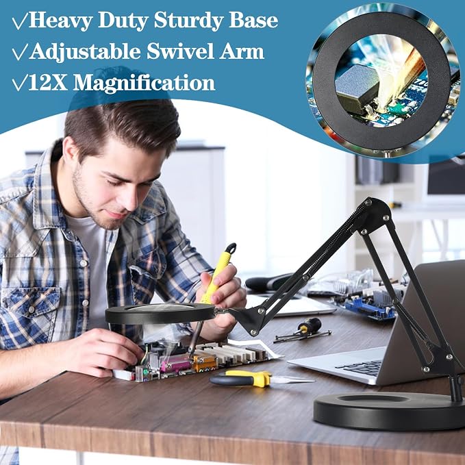 HITTI 12X Magnifying Glass with Light, 1,800 Lumens Stepless Dimmable, 3 Color Modes, 4.2″ Real Glass Lens LED Desk Lamp & Clamp, Magnifier Light and Stand for Crafts, Soldering, Fly Tying, Close Work