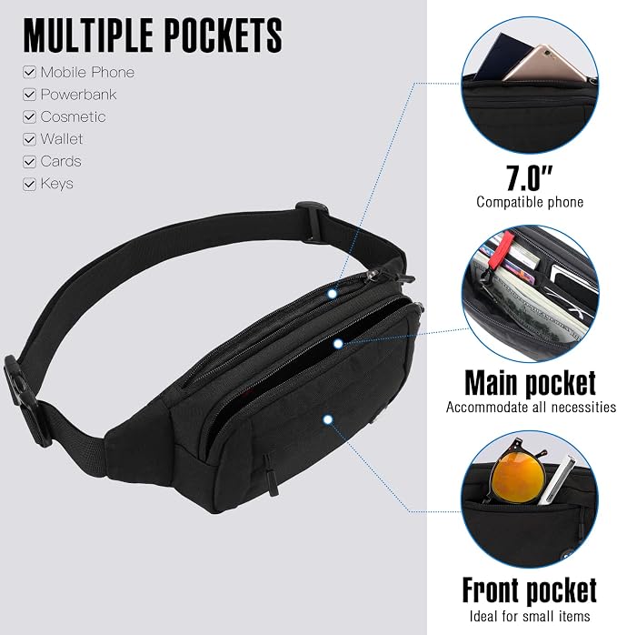 WATERFLY Small Fanny Pack Crossbody Lightweight Waist Bag for Woman Man | Adjustable extender strap, Slim compact, Water-resistant durable material, Breathable back pad, Multi-scene for travel, daily