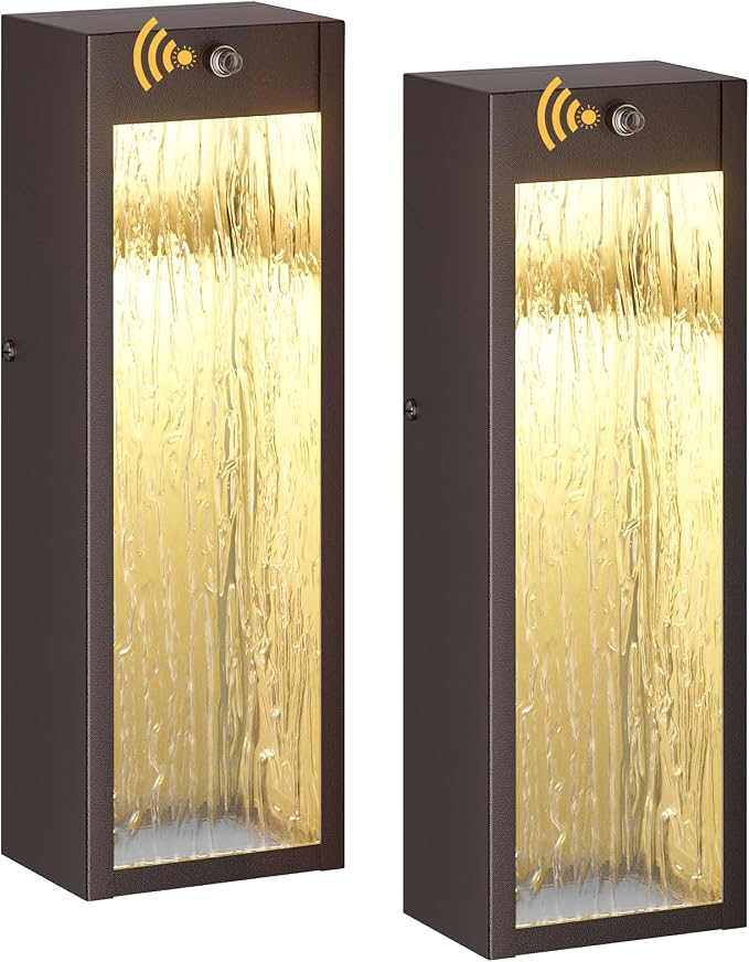 2 Pack LED Outdoor Wall Light 15in Dusk to Dawn Bronze Porch Light | Oil-Rubbed Exterior Lantern, Modern Water Rippleed Sconces, Waterproof Lighting Fixtures, Outside Lamp for Front Door