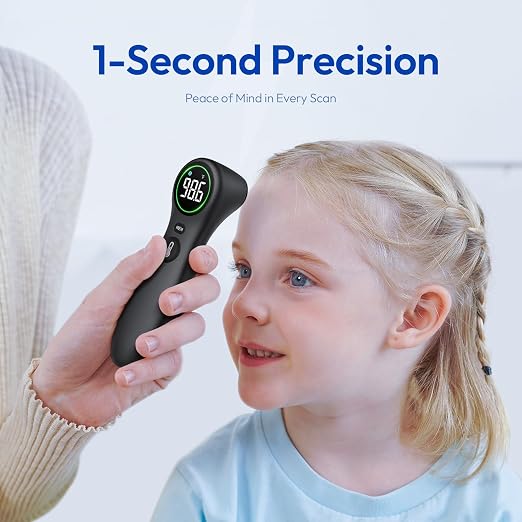Viproud No-Touch Thermometer for Kids and Adults, 1-Second Reading, Black | Forehead & Object Mode, Fever Indicator, Large Clear LED, Silent Mode, Home Medical, Nurse Accessories, Lifetime Support