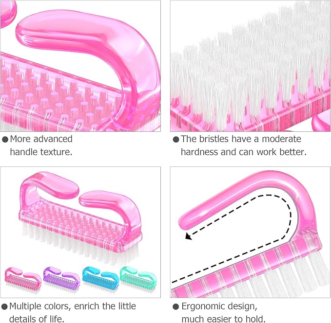 Larbois Handle Grip Nail Brush, Hand Fingernail Brush Cleaner Scrubbing Kit Pedicure for Toes and Nails Men Women (4 Pack) (Color-2)