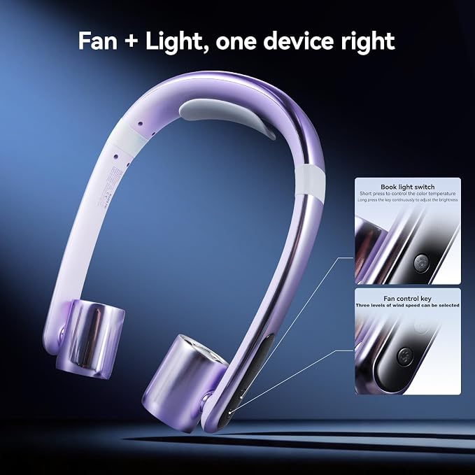 VAVOFO Portable Neck Fan with Book Light, Hands Free Wearable Cooling Fan | 6000mAh Rechargeable, 3 Speeds, 250° Adjustable, Ideal Gift for Reading, Travel, Office, Hiking, Fishing & Sports