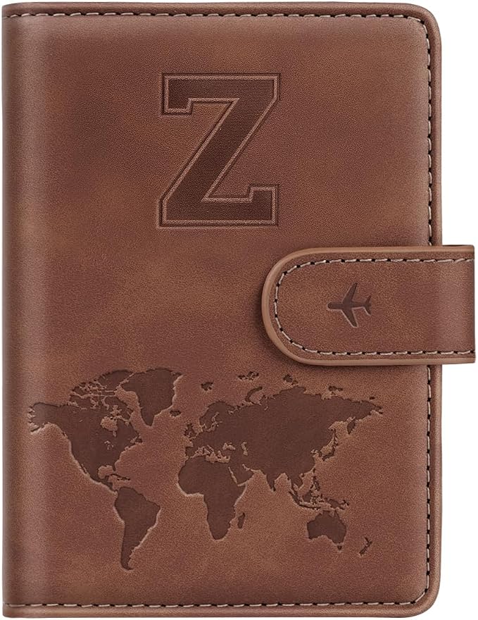 Passport Holder Wallet Cover Personalized Initial Travel Essentials | Embossed Letter A-Z Design, Travel Wallets, RFID Blocking, Passport Book Holders, Women and Men, Personalized Gifts, Brown-Z