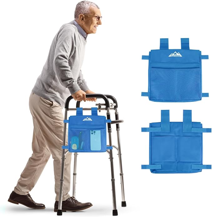 supregear Walker Side Bag, Water Resistant Accessory Basket Pouch for Folding Walkers, Lightweight Hand Free Storage Carrier Tote, Universal Size Seniors Caddy Attachment, Blue