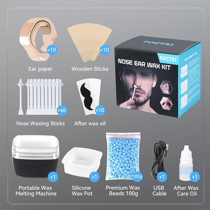 Nose Wax Kit - Portable Ear Nose Hair Waxing Kit for Men and Women with 100g Ｗax, 10 Applicators, 40 Nose Hair Sticks, 10 Mustache & 10 Ear Protectors, Wax Warmer Kit for Hair Removal