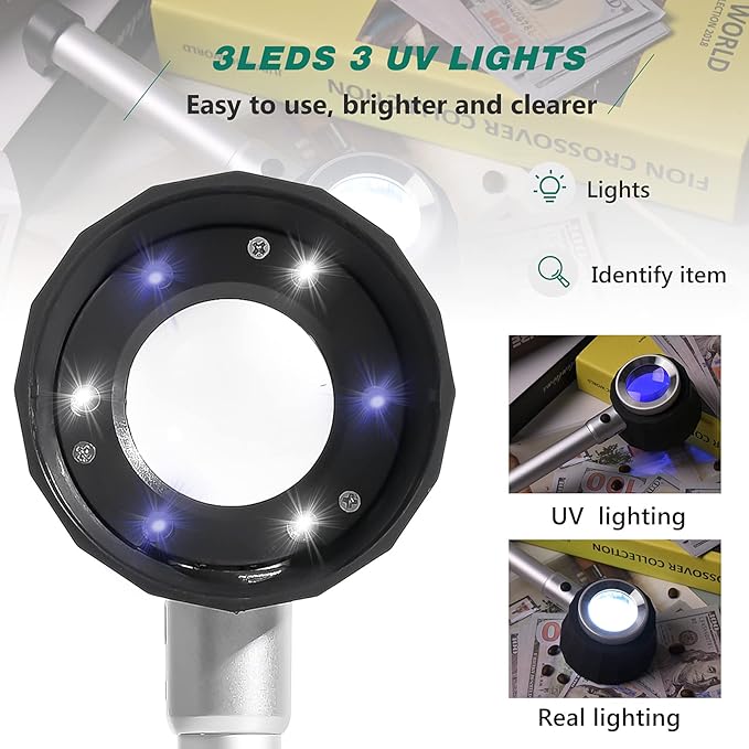 30X Handheld Magnifier with 6 Light, Jeweler Loupes Lighted Magnifying Glass-USB Rechargeable for Seniors Reading Coins Crafts Jewelry Hobbies