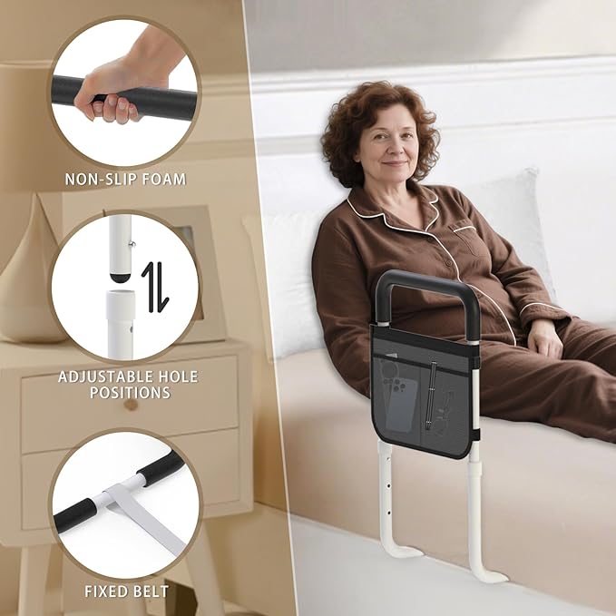 Bed Rails for Elderly Adults Safety, Bed Handle Bedside Assist, Adult Bed Rails for Seniors, Adjustable Bed Bar with Storage Pocket & Fixing Strap, Bed Cane Fits Twin, Queen, Full, King Bed