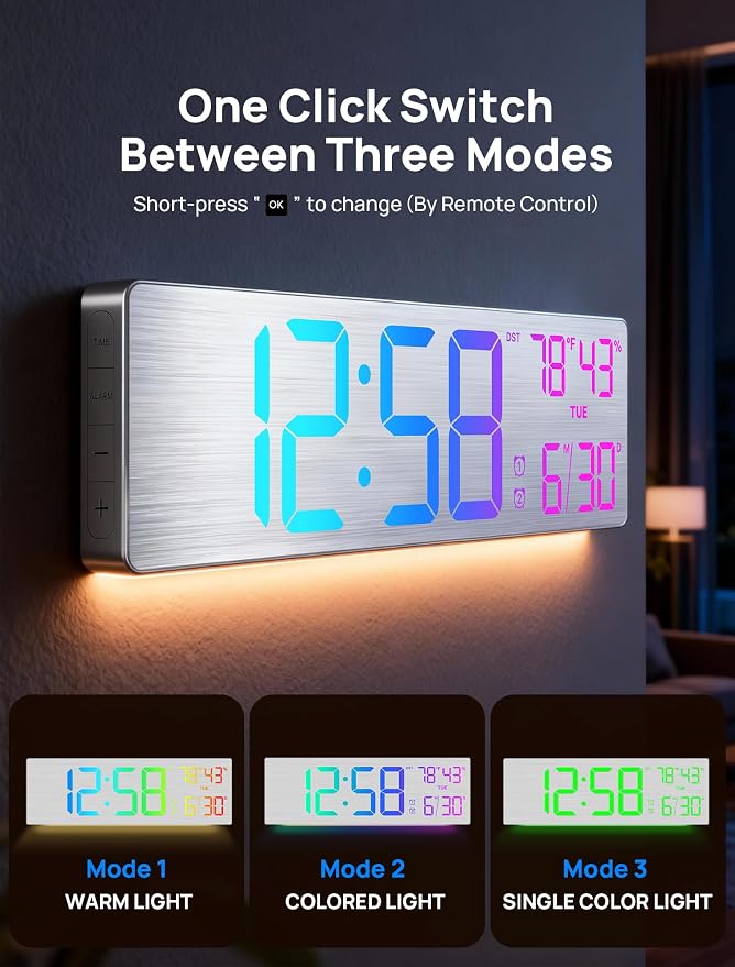 18.5" Large Digital Wall Clock with Remote Control, Big LED Display Digital Clocks with Night Light, Alarm, DST, Temp, Date for Living Room, Bedroom, Office, Classroom, Gifts for Seniors(Silver)