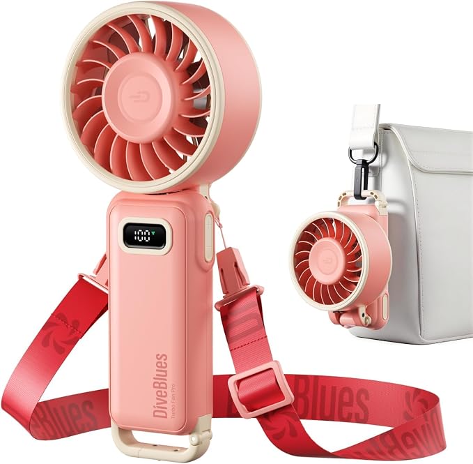 Diveblues Portable Turbo Fan, Pink Travel Fan, Wearable Neck Fan | Small High Speed Handheld, 180° Foldable 4-in-1, Personal Neck Fan with Carabiner Clip, 100 Speed Stepless Control