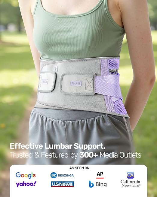 Rakiie Back Brace for Lower Back Pain Women with 9X Support System, Ergonomic Lumbar Support for Pain Relief, Breathable Mesh Design with 3D Silicone Pad for Sciatica, Sciatica,Purple Size L (Waist: 35.8"-43.7")
