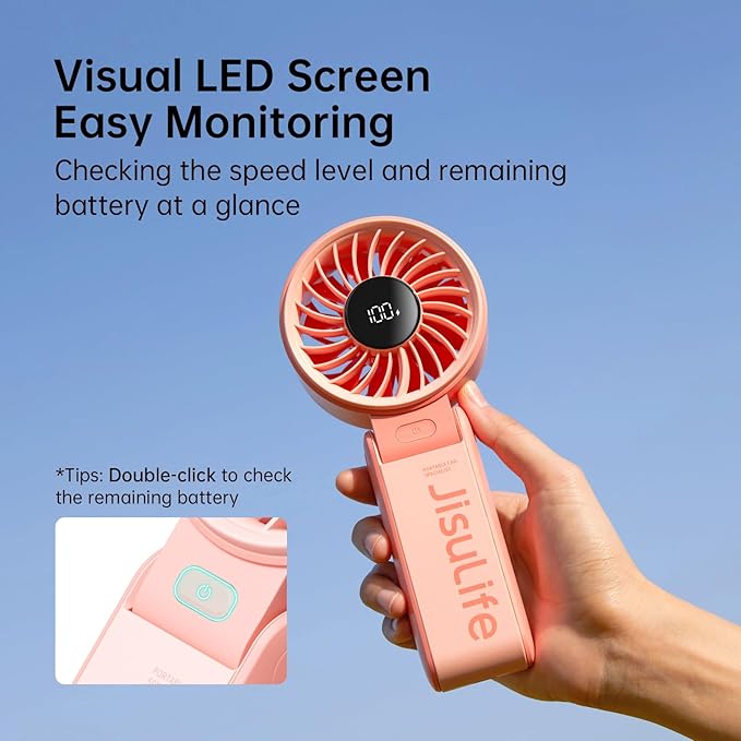 JISULIFE Handheld Fan Life7 – Ultimate Flexibility: Wide & Strong Airflow, 13H Max Cooling, 3600mAh Rechargeable, 5-Speed, LED Display, 3 IN 1 Portable Fan for Travel, Concerts, Sports Events(Pink)