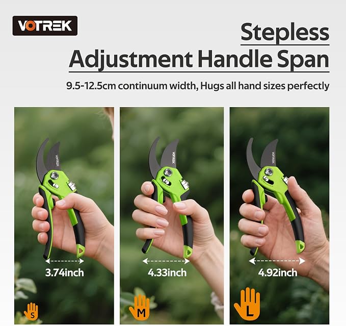 VOTREK® Pruning Shears, Patented Stepless Handle Opening for All Hand Size
