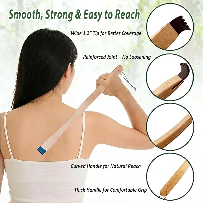 Natural Buffalo Horn Back Scratcher with Adjustable Sharpness, 17" Long Handle Curved Wooden for Seniors Women Men, Nano-Glass File, Gift for Mom Dad