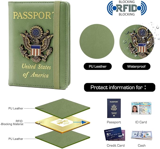 Cnycmy Passport Holder for Travel, Pu Leather Travel Wallet, RFID Blocking, Metal United States Coat of Arms, Waterproof cover for Family (Green)