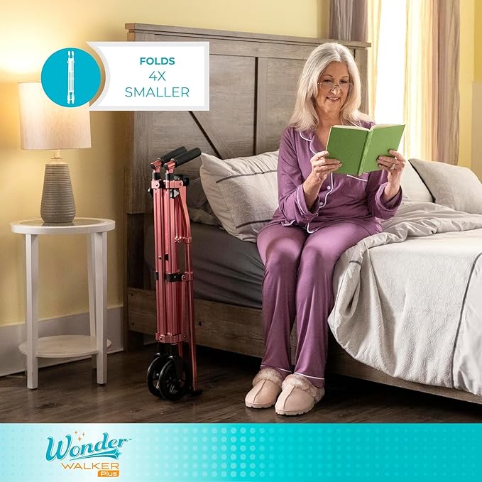 Stander Wonder Walker Plus, Lightweight Folding Mobility Aid for Adults, Seniors, and Elderly, Collapsible Travel EZ Fold-N-Go with Wheels, Glides, & Basket, Desert Sand