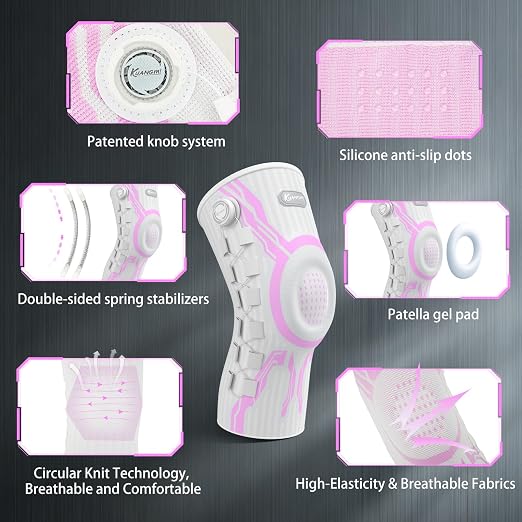 Kuangmi Knob Knee Brace for Pain Relief, Knee Support with Patella Gel Pad & Side Stabilizers, Compression Knee Sleeve for Workout, Arthritis, Joint Pain, Meniscus Tear (Pink White,Right,Medium,Single)