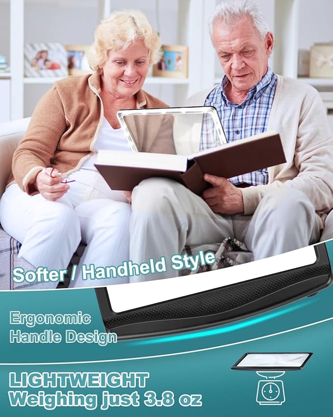 5X Rechargeable Magnifying Glass for Reading, Large Bright LED Lighted Full Page Magnifier, Lightweight Rectangular Handheld Magnifier with Light for Reading Small Prints for Seniors, Black