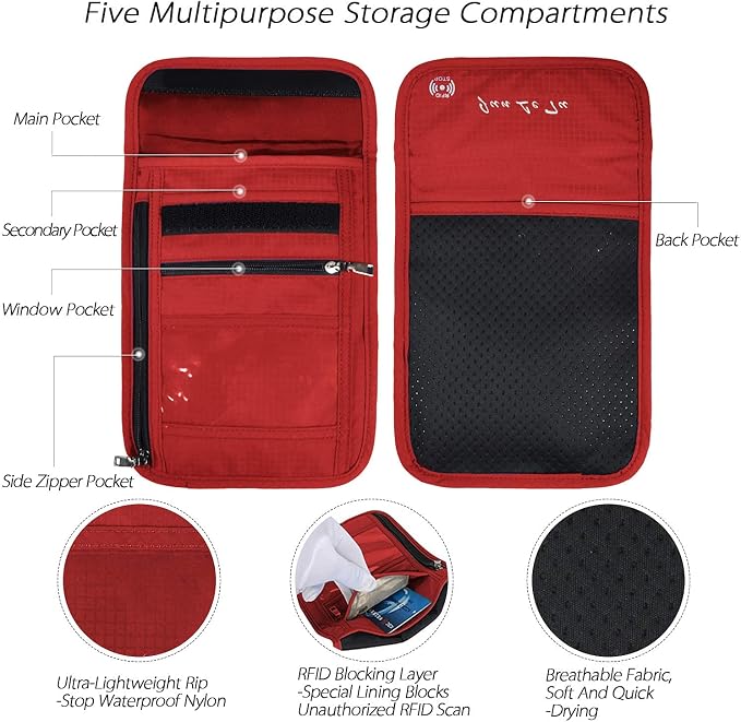 OMYSTYLE Neck Wallet, RFID Passport Holder for Travel, Adjustable Neck Strap, Waterproof Neck Pouch for Men & Women to Keep Cash, Credit Cards and Documents Safe, Red (8x6)