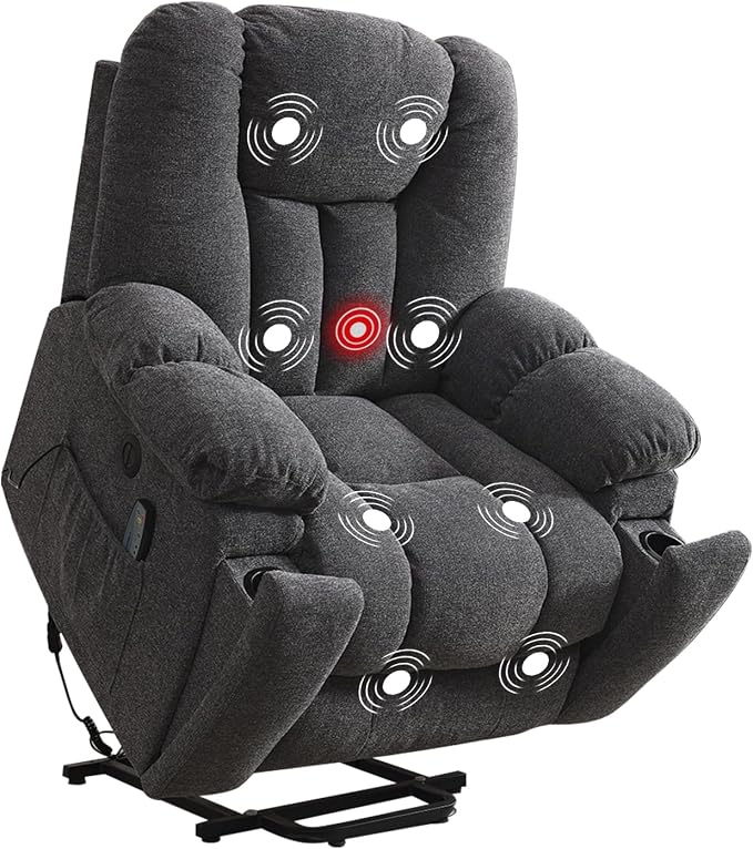 Power Lift Recliner Chair with Massage and Heat for Elderly, Overstuffed Wide Recliners, Heavy Duty and Safety Motion Reclining Mechanism with USB Ports, 2 Concealed Cup Holders, Smoke Gray