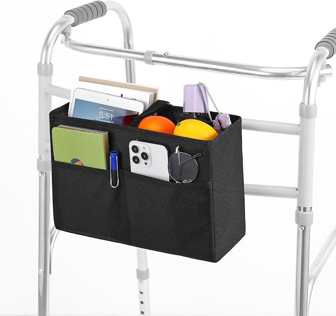 Rhino Valley Walker Basket for Walkers Accessories for Seniors,Black | Basket for Walkers with Multi Pockets, Hand-free Carry Pouch Storage Bag Walker Accessories for Universal Walkers for Seniors