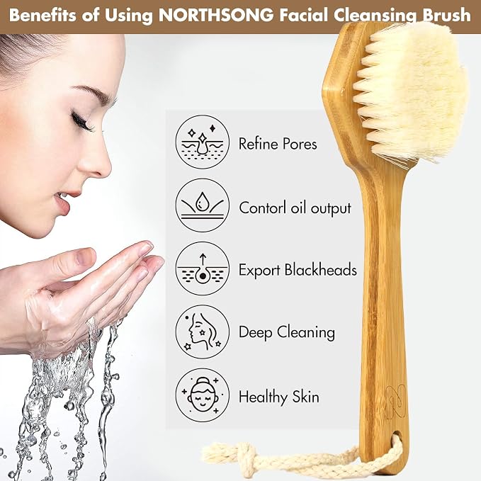 NORTHSONG Body Brush+Face Brush,Deep Cleaning Exfoliating Set,Gift Ready | Body brush,Large Head Bath Brush,17.72"Extra-Long,Curved Bamboo Handle,100% Boar Bristles,ideal for Elderly,Shoulder Pain