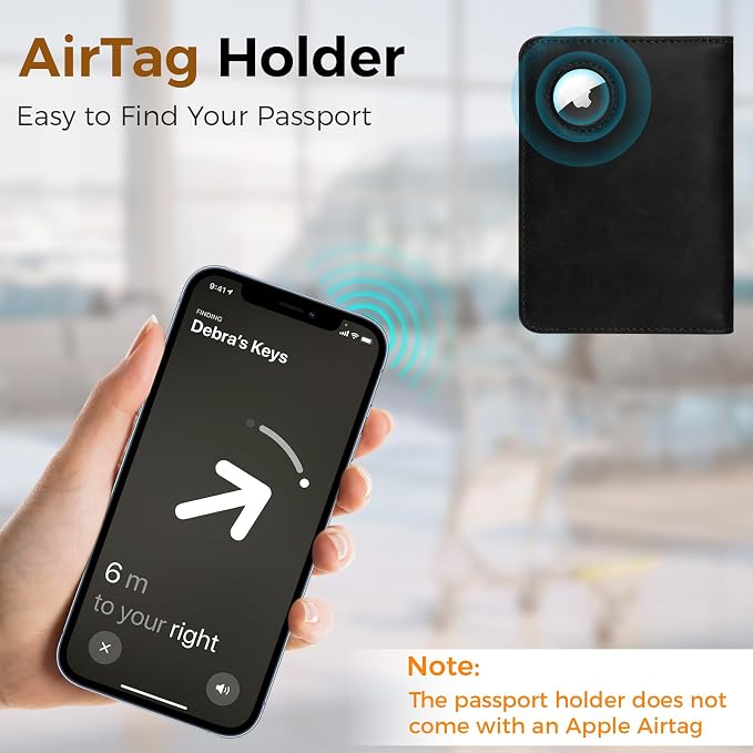 Passport Holder Travel Women Men, Passport Wallet with Airtag Slot, Black | RFID Blocking PU Leather Passport Holder Cover Case with Card Holder, Pen Slot
