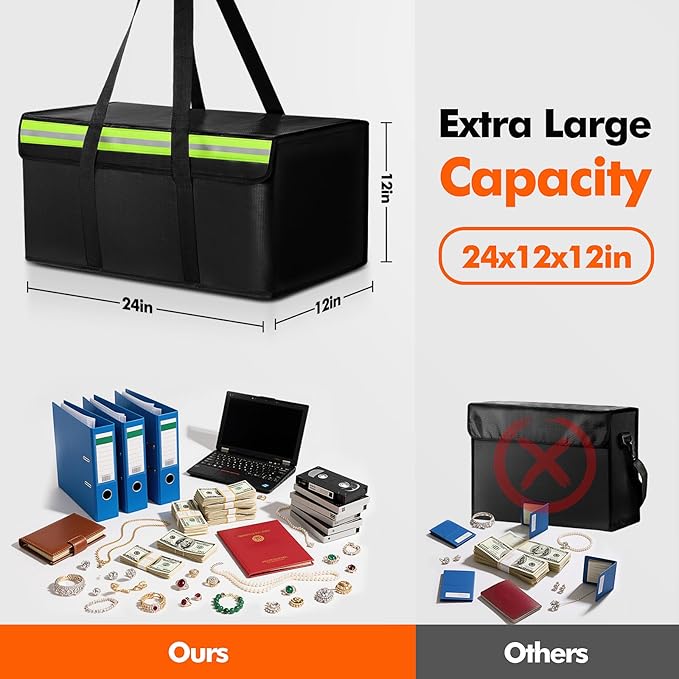Large Fireproof Document Bag for Home Safe Storage, 24 x 12 x 12in, Black | 2000°F fireproof document box, 4-layer fiberglass important document storage for photo, file and cash with reflective strip
