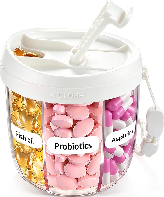 Pill Organizer,Travel Essentials Pill Container, Travel Pill Dispenser with White Lid，Pill Case Having 7 Large Compartments,Vitamin Organizer for Home Organization,Travel Containers