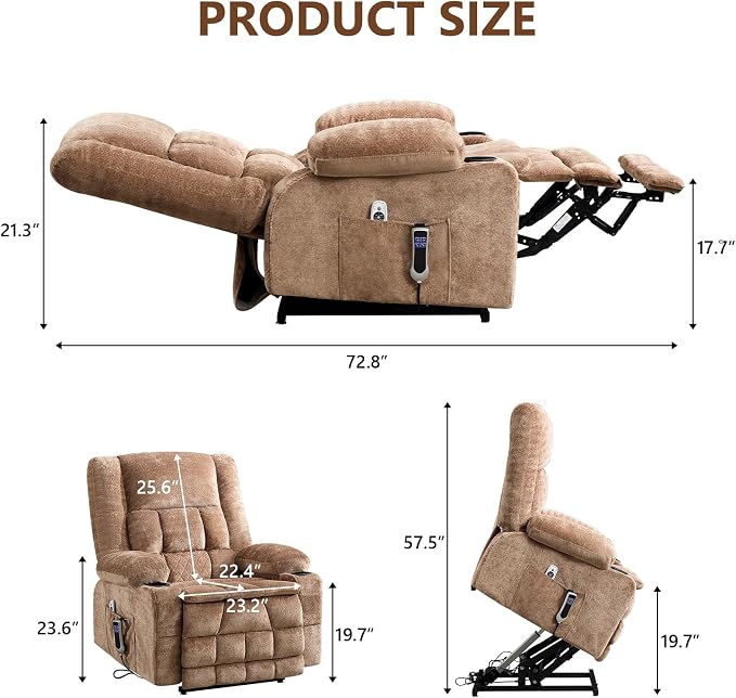 Power Lift Recliner Chair for Elderly with Lumbar Heat and Massage, Electric Lift Chair with Remote and USB Port, Wide Seat Recliner with Cup Holders for Living Room, Bedroom