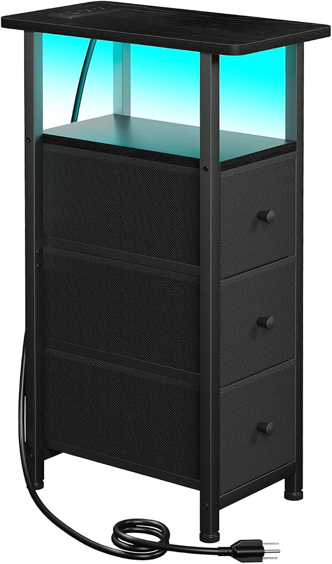 Narrow End Table with Charging Station, Small Nightstand | Skinny Side Tables Living Room with 3 Fabric Drawers, Bedside Table with LED Lights for Bedroom, Small Spaces, Black