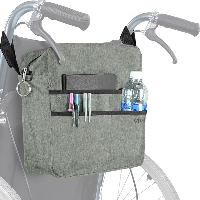 Vive Wheelchair Bag - Machine Washable, Double-Stitched, Water-Resistant Accessory Backpack for Rollators, Wheel Chairs, Walkers - Pouch with XL Pockets & Straps for Quick Installation