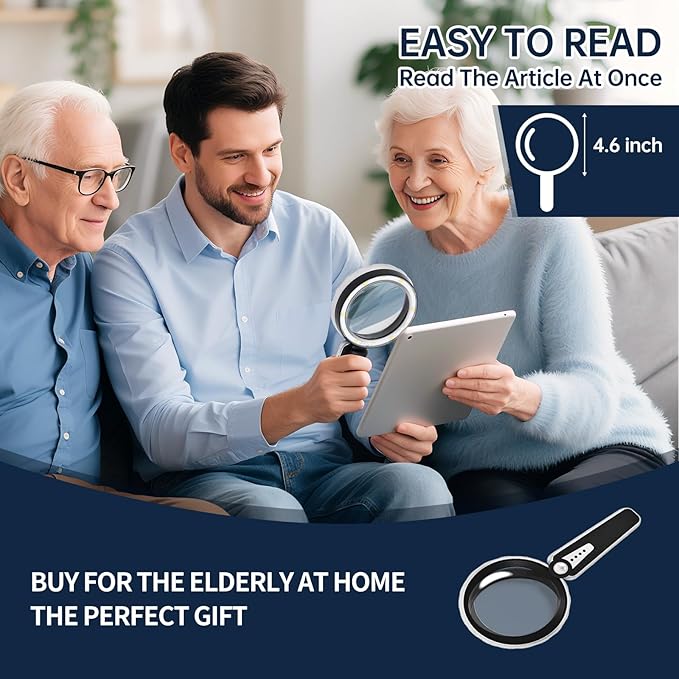 45X Magnifying Glass with Light, 4.6 Inch 1200mAh USB Rechargeable Large Handheld Magnifier, 6 Color Modes, Perfect for Low Vision Seniors, Macular Degeneration & Fine Print (Black)