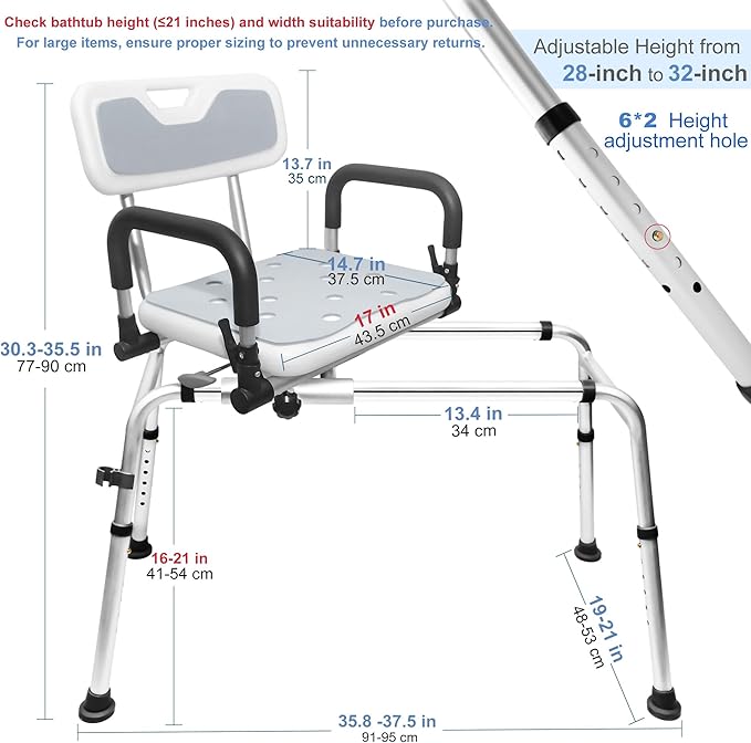 360° Sliding Shower Chair Tub Transfer with Swivel Seat, Height Adjustable, Pivoting Arms, 500 Lbs Capacity, for Elderly Disabled and Handicap for Bathtubs and Showers