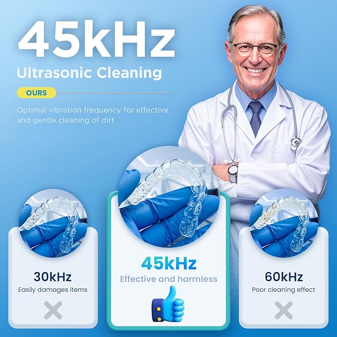 Dental Ultrasonic Retainer Cleaner Machine - Dental Cleaning Pod for Denture, Mouth Guard, Aligner, Night Guard, Braces, Toothbrush Heads, Jewelry, 45kHz Retainer Cleaner with Digital Timer & 200ML