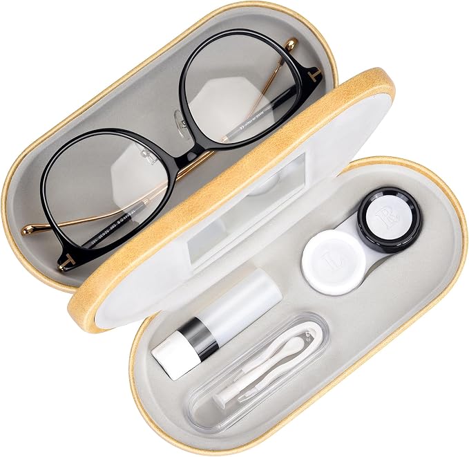 Muf 2 in 1 Contact Lens Case and Glasses Case, Double Sided Design with Mirror, Portable Travel Kit with Tweezer, Remover and Solution Bottle, Yellow