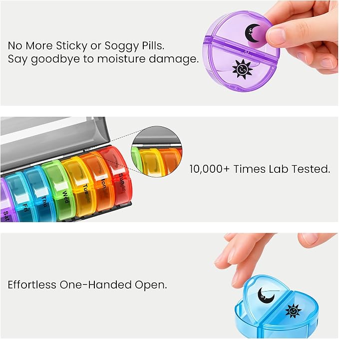Medicine Pill Organizer Travel Pill Box 7 Day Small Pill Case Purse Am Pm Pill Container Daily Pill Holder Twice a Day Pill Sorter Day Night Pill Organizer Large Compartment Compact Portable