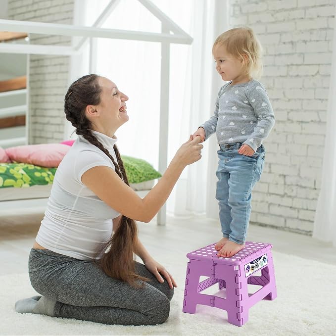 Delxo 9 inch Folding Step Stool, Non-Slip Foldable Small Stools Up to 300 LBS, Kids Step Stool with Handle Lightweight for Kitchen, Bathroom, Bedroom, Garden, Light Purple, 1PC
