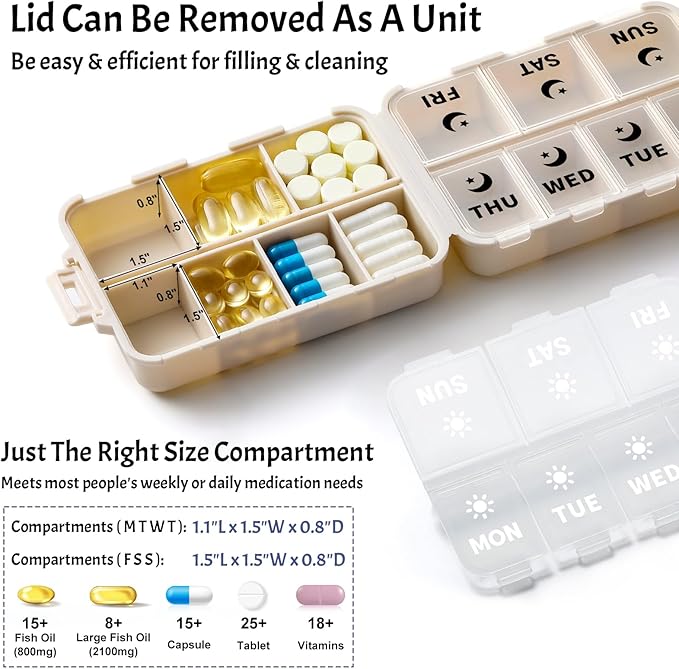 Foldable & Portable Weekly Pill Organizer 2 Times a Day with Clear Printed Labels - 7 Day AM PM Medicine Box, Week Daily Travel Pill Meds Case Holder for Medications, Vitamin, Supplement - Khaki