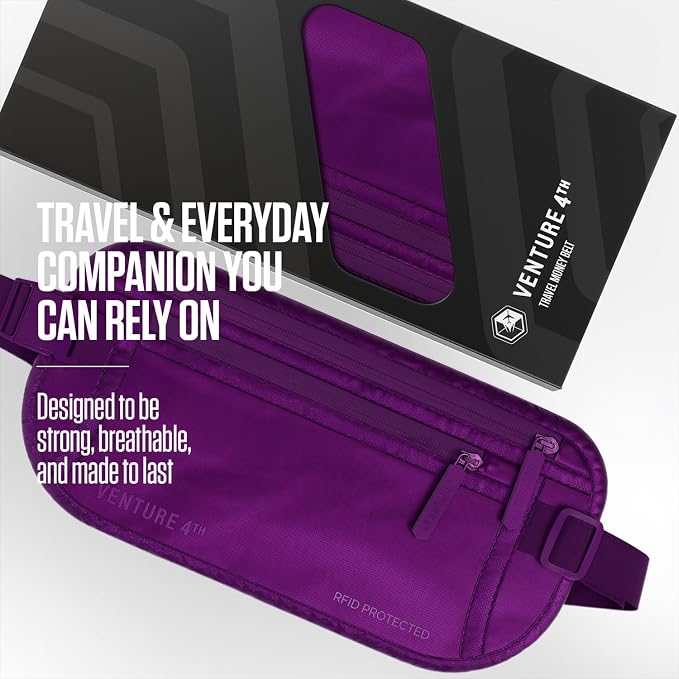 VENTURE 4TH Travel Money Belt, RFID Blocking Passport Holder - Sleek Purple