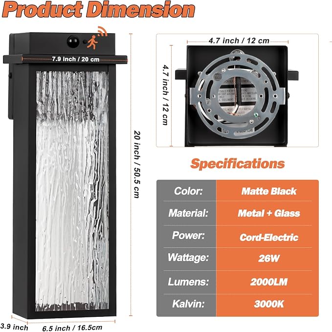 VenzBlomia 20” Large Motion Sensor Dusk to Dawn Porch Lights Outdoor 2 Pack | Modern Black Exterior Lighting Fixtures Waterproof, Brightness Outdoor Wall Sconces with Soft Warm Glow, Easy Installation