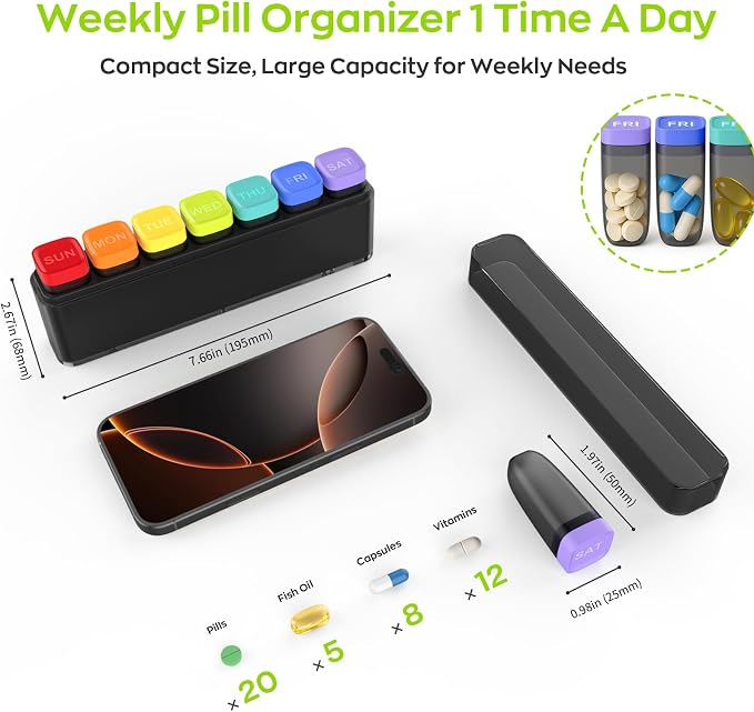 HIONXMGA Weekly Pill Organizer, Detachable 7-Color Pill Box, Easy Tracking | Portable Travel Pill Case Container for Daily Vitamin Supplement Fish Oil, Silicone-Seal, Lasting Labels, Quick Fill (Black)
