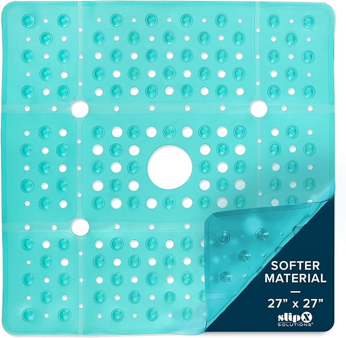 SlipX Solutions 27" Oversize Square Shower Mat, Non-Slip Mat for Elderly & Kids, 100+ Power Grip Suction Cups for Smooth Surfaces, Machine Washable, Transparent Aqua
