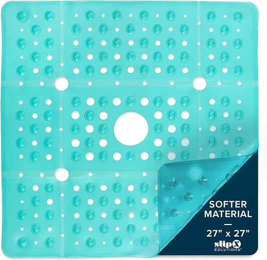 SlipX Solutions 27" Oversize Square Shower Mat, Non-Slip Mat for Elderly & Kids, 100+ Power Grip Suction Cups for Smooth Surfaces, Machine Washable, Transparent Aqua