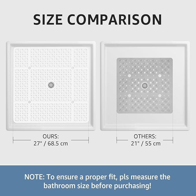 Yolife Square Shower Mat, 27" x 27" Large Shower Mat with Center Drain Hole, Soft TPE Non Slip Shower Mats for Inside Shower with Suction Cups, Anti Slip Washable Shower Floor Mat, White