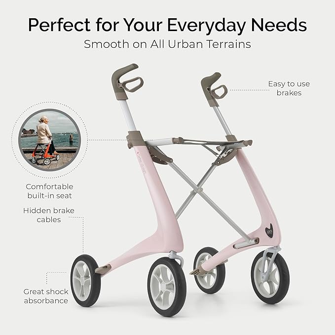 byACRE Carbon Ultralight Rollator Walker - World's Lightest Carbon Rollator - Only 10.6 lbs | Indoor and Outdoor Use | Foldable with seat and Easy to Travel with (Pale Rose, Wide Track)