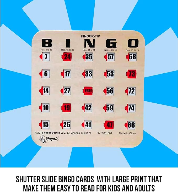 Regal Bingo Bulk Bingo Cards with Sliding Windows - Reusable Large Print Bingo Game Cards for Adults Large Group - 50 Pack, Woodgrain