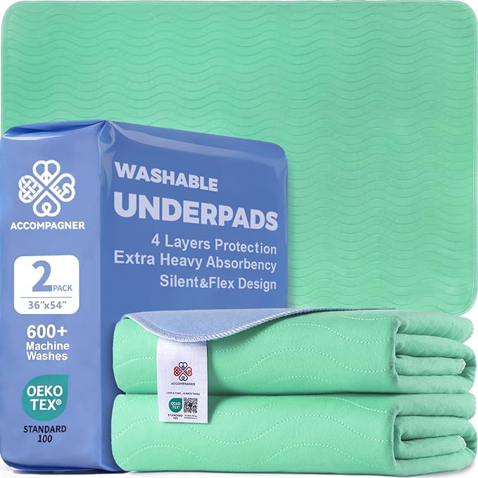 Accompagner Incontinence Bed Pads Washable Waterproof, Ultra-Absorbent Reusable Underpads for Diaper Changing, Nursing, Bedridden, Adults, Seniors, Kids and Dogs (Green, 36"x54"(Pack of 2))
