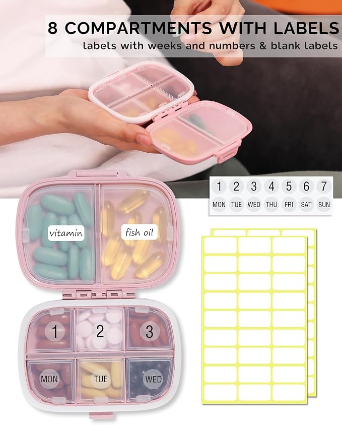 MEACOLIA 3 Pack Travel Pill Organizer - 8 Compartments Portable Pill Case for Purse, Moisture-Proof Daily Medicine Vitamin Container, Pill Box Holder for Travel Essentials (Purple, Green, Pink)