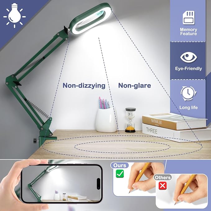 Drdefi 12X Square Magnifying Glass with Light and Stand, Real Glass LED Lighted Magnifier, 5 Color Modes Stepless Dimmable, Hands-Free Mag Desk Lamp with Clamp for Reading Craft Hobby Close Work Green